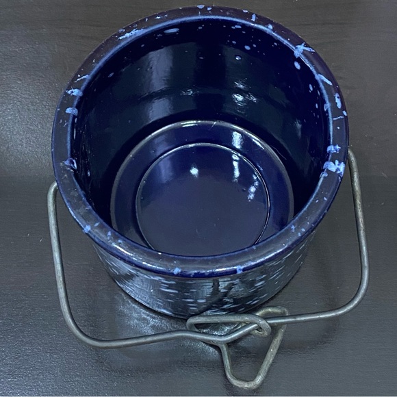 Vintage Stoneware Crock Speckled Cobalt Blue Butter Cheese Crock Jar Wired Lid - Picture 9 of 16